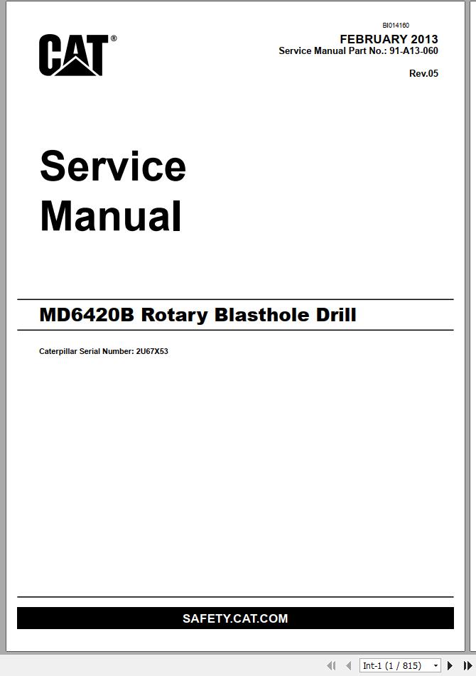 CAT MD6420B 2U67X53 Rotary Blasthole Drills Service Manual BI014160 2013 1