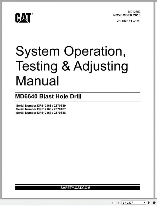 CAT MD6640 2T70T89 2Z70T87 2Z70T88 Rotary Blasthole Drills Operation Testing Adjusting Manual BI012653 2013 1