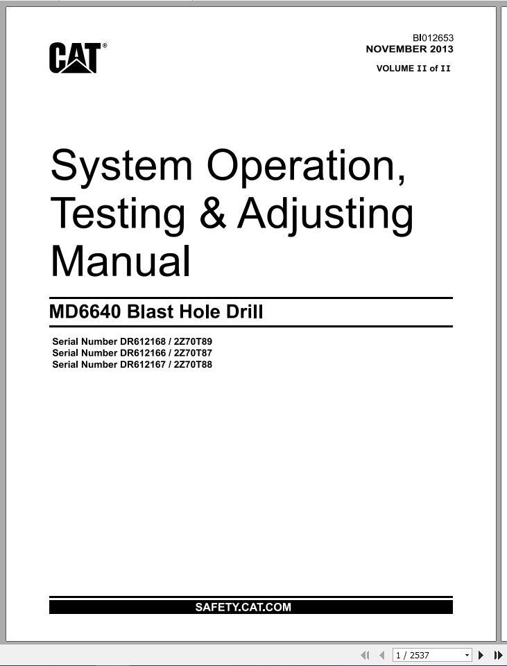 CAT MD6640 2T70T89 2Z70T87 2Z70T88 Rotary Blasthole Drills Operation Testing Adjusting Manual BI012653 2013 1