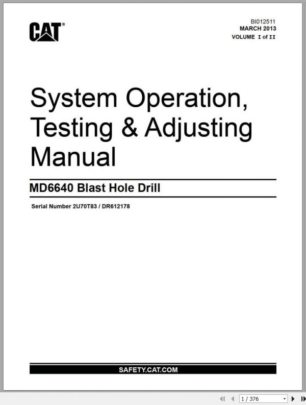 CAT MD6640 2U70T83 Rotary Blasthole Drills Operation Testing Adjusting Manual BI012511 2013 ES EN 1