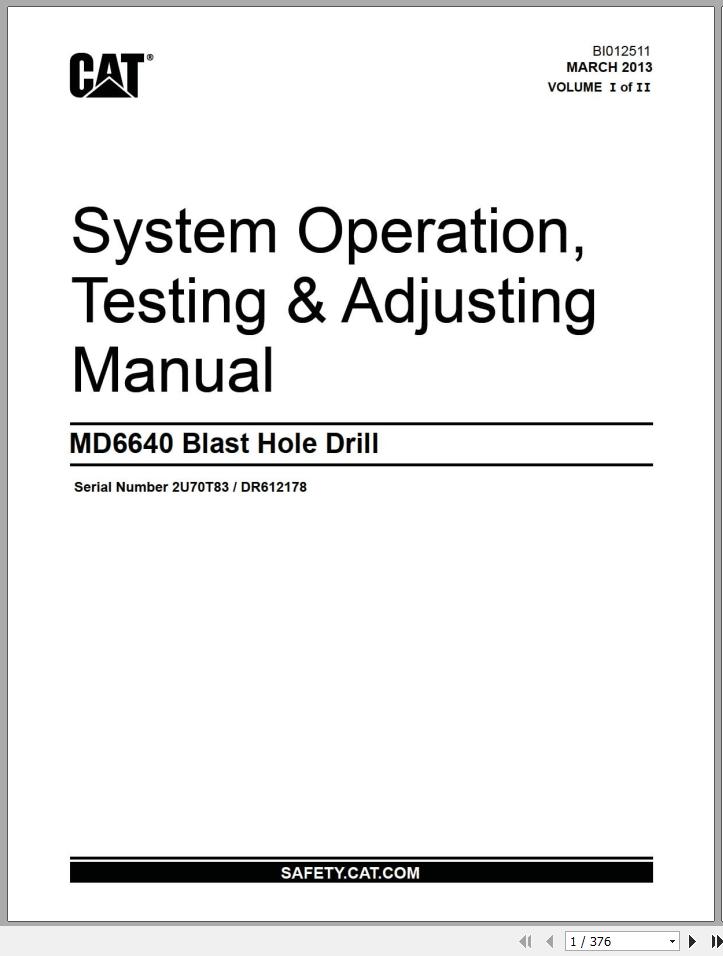 CAT MD6640 2U70T83 Rotary Blasthole Drills Operation Testing Adjusting Manual BI012511 2013 ES EN 1