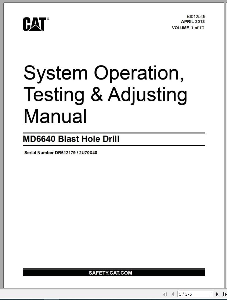 CAT MD6640 2U70X40 Rotary Blasthole Drills Operation Testing Adjusting Manual BI012549 2013 ES EN 1