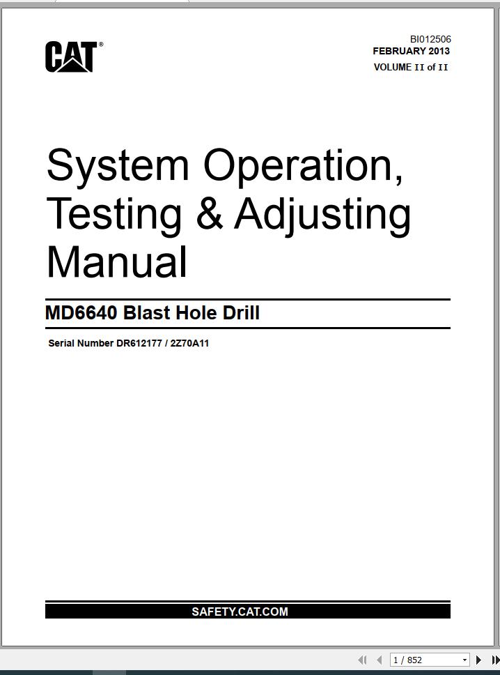 CAT MD6640 2Z70A11 Rotary Blasthole Drills Operation Testing Adjusting Manual BI012506 2013 1