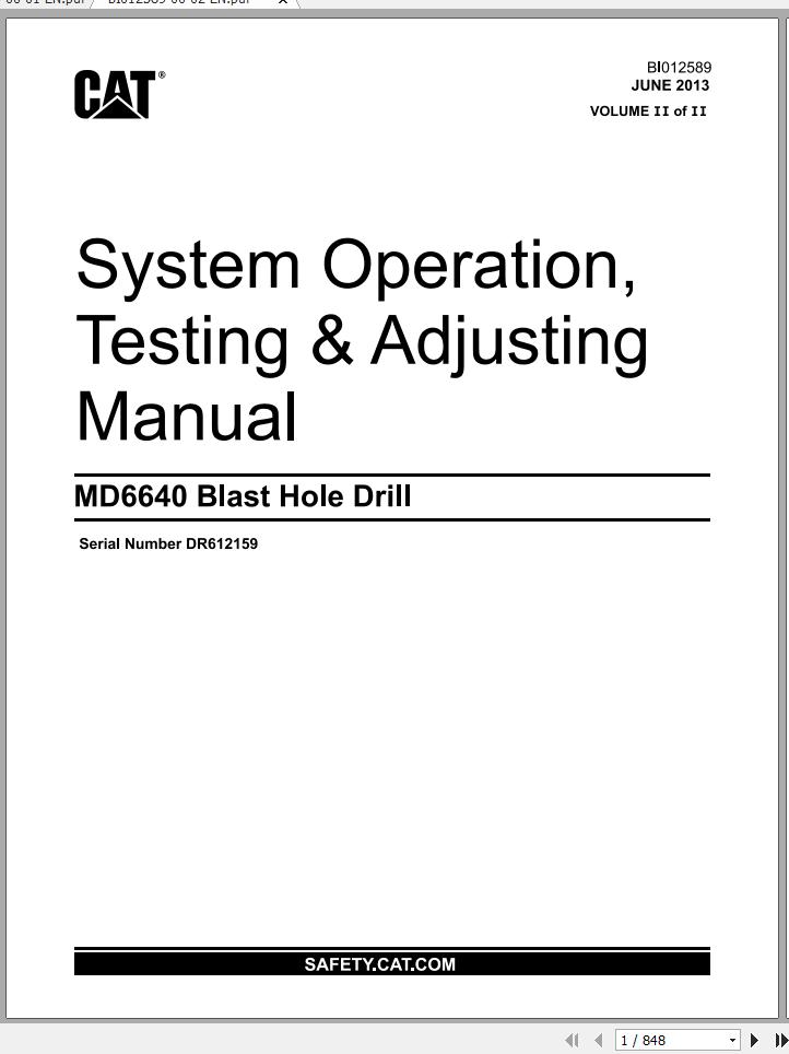 CAT MD6640 DR612159 Rotary Blasthole Drills Operation Testing Adjusting Manual BI012589 2013 1