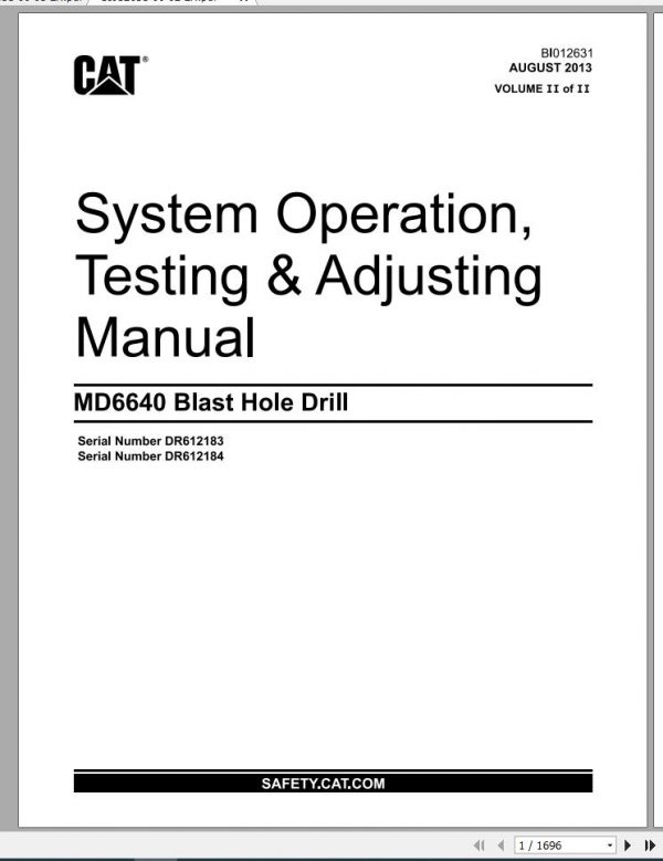 CAT MD6640 DR612183 DR612184 Rotary Blasthole Drills Operation Testing Adjusting Manual BI012631 2013 1