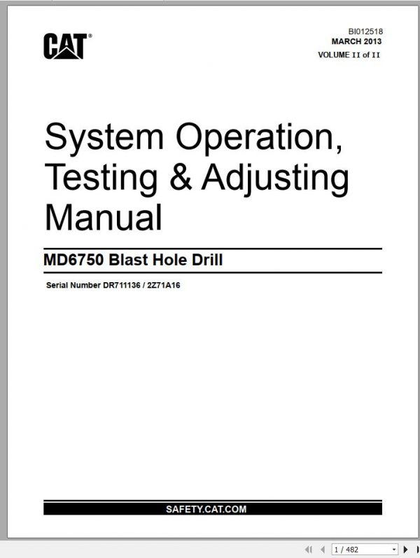 CAT MD6750 2Z71A16Rotary Blasthole Drills Operation Testing Adjusting Manual BI012518 2013 1