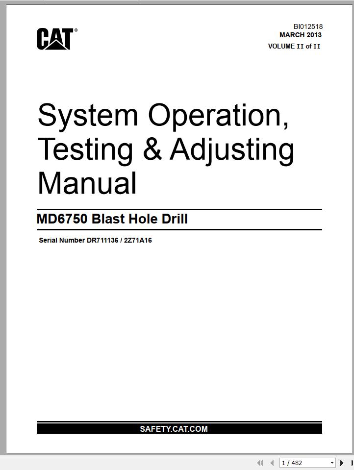 CAT MD6750 2Z71A16Rotary Blasthole Drills Operation Testing Adjusting Manual BI012518 2013 1