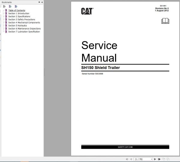 CAT Roof Support Carrier SH150 5003998 511063 Service Manual BI014661 2012 1