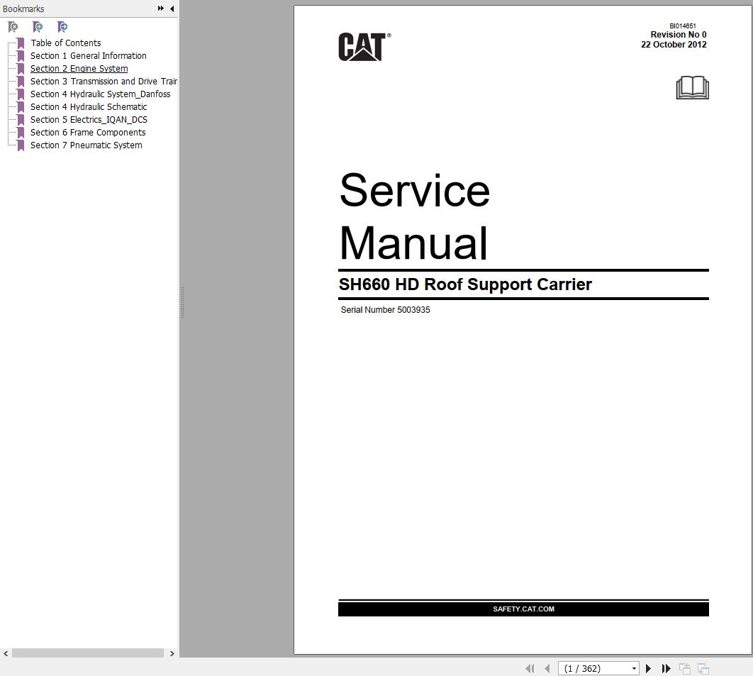 CAT Roof Support Carrier SH660 HD 5003935 498045 Service Manual BI014651 2012 1