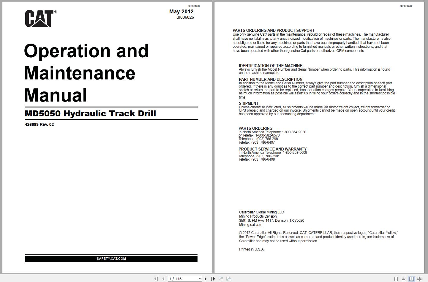 CAT Rotary Track Drills MD5050 R20 Operator and Maintenance Manual 426689 BI006826 2012 1