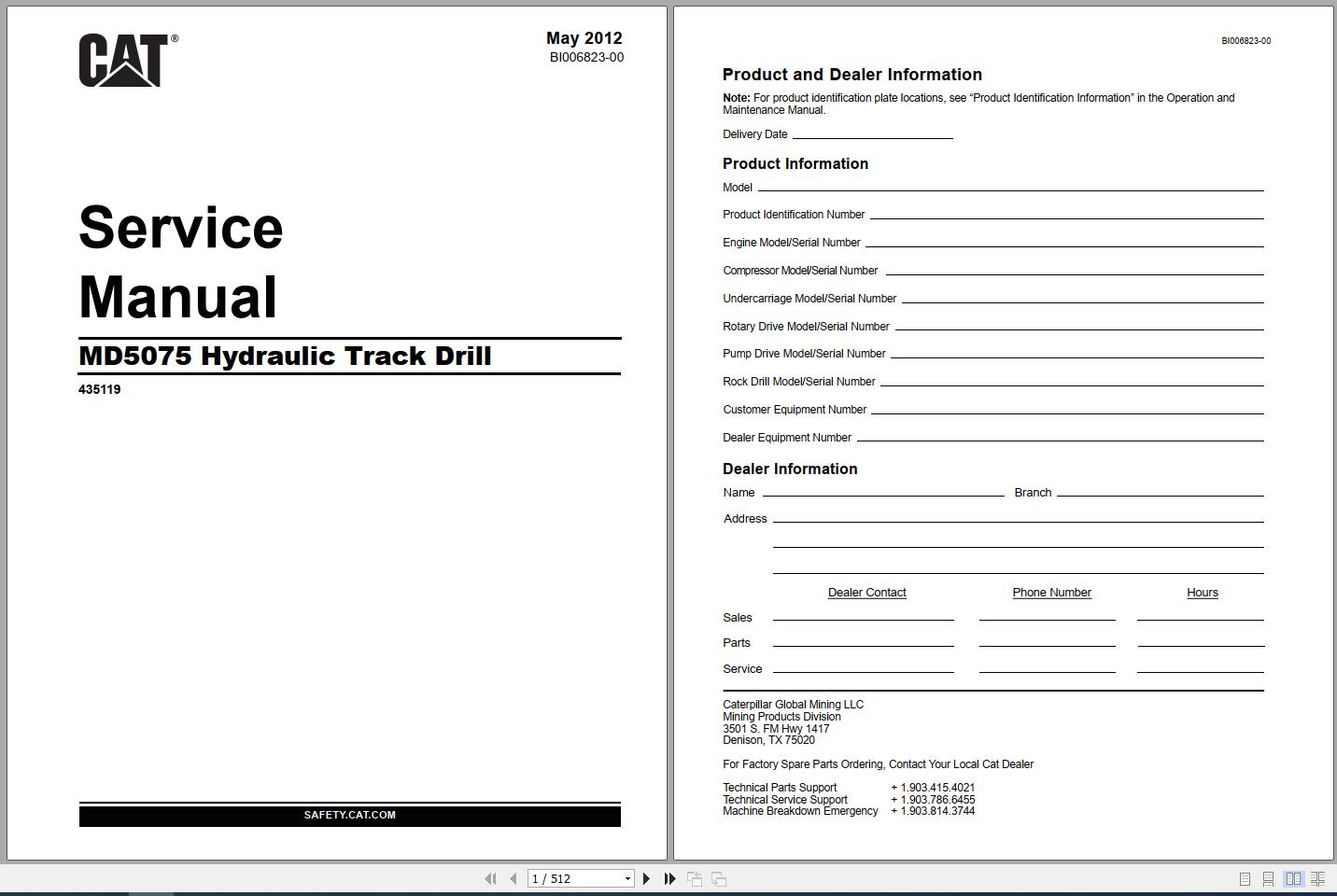 CAT Rotary Track Drills MD5075 435119 Service Manual BI006823 2012 ES EN 2 1