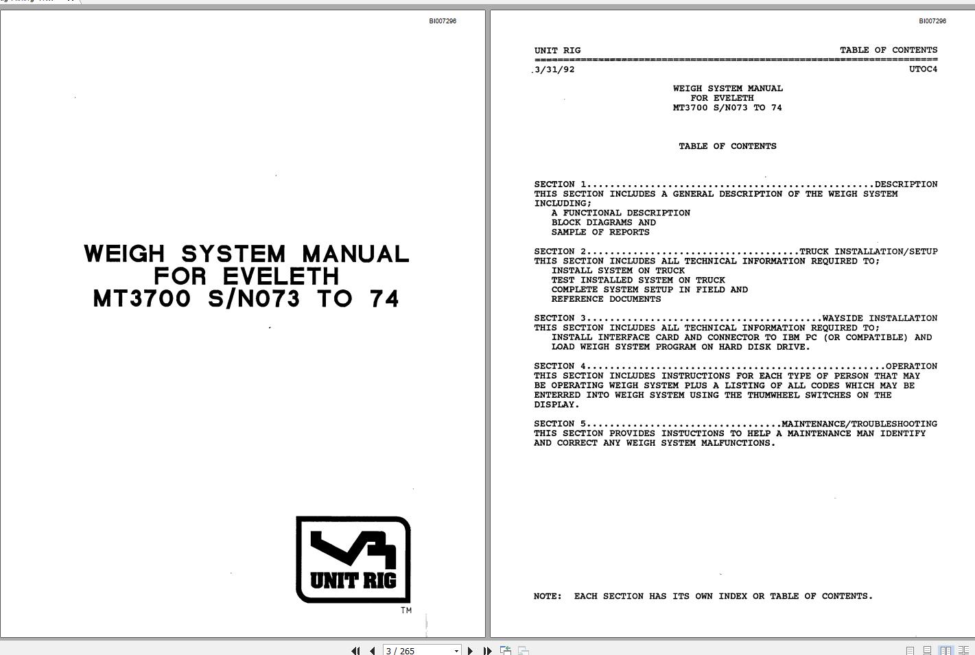 CAT Unit Rig Mining Truck MT3700 MJ073 MJ074 Eveleth Weigh System Service Manual BI007296 1992 1