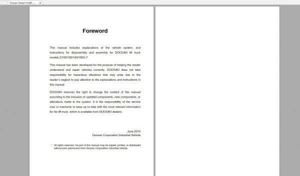 Doosan Dielsel Forklift D100 120 140 160S 7 Service Manual SB4448E00 1