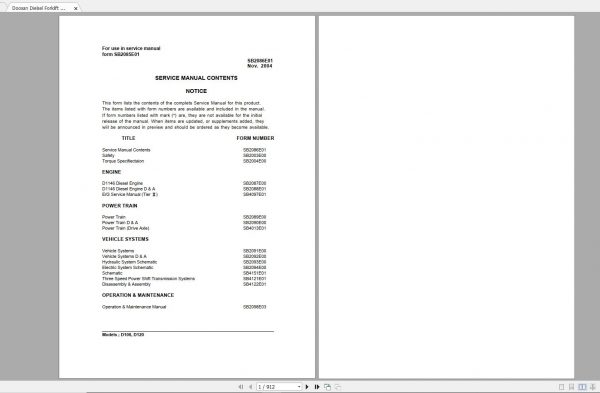 Doosan Dielsel Forklift D100 D120 Electric Schematic Service Operaton Maintenance Manual SB2085E01 10 1