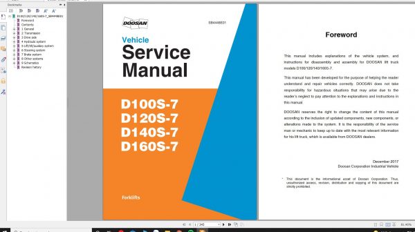Doosan Dielsel Forklift D100S 7 D120S 7 D140S 7 D160S 7 Service Manual SB4448E00 12 1