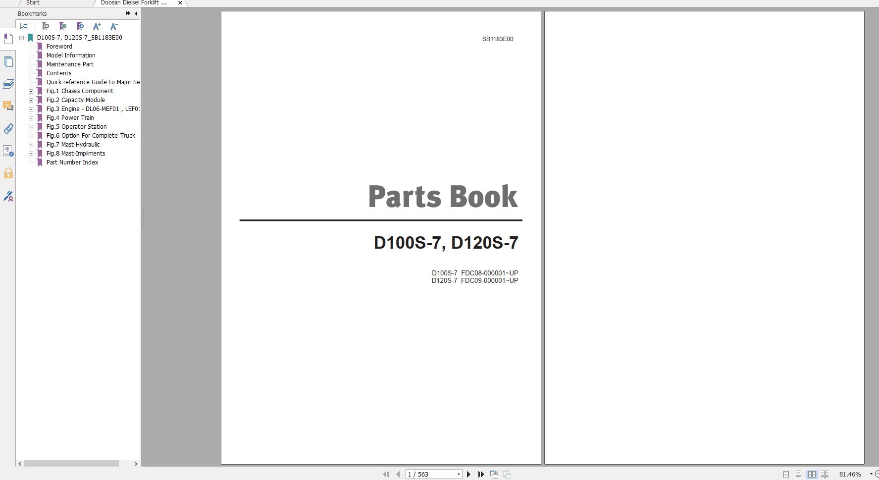 Doosan Dielsel Forklift D100S 7 D120S 7 Part Book SB1183E00 1