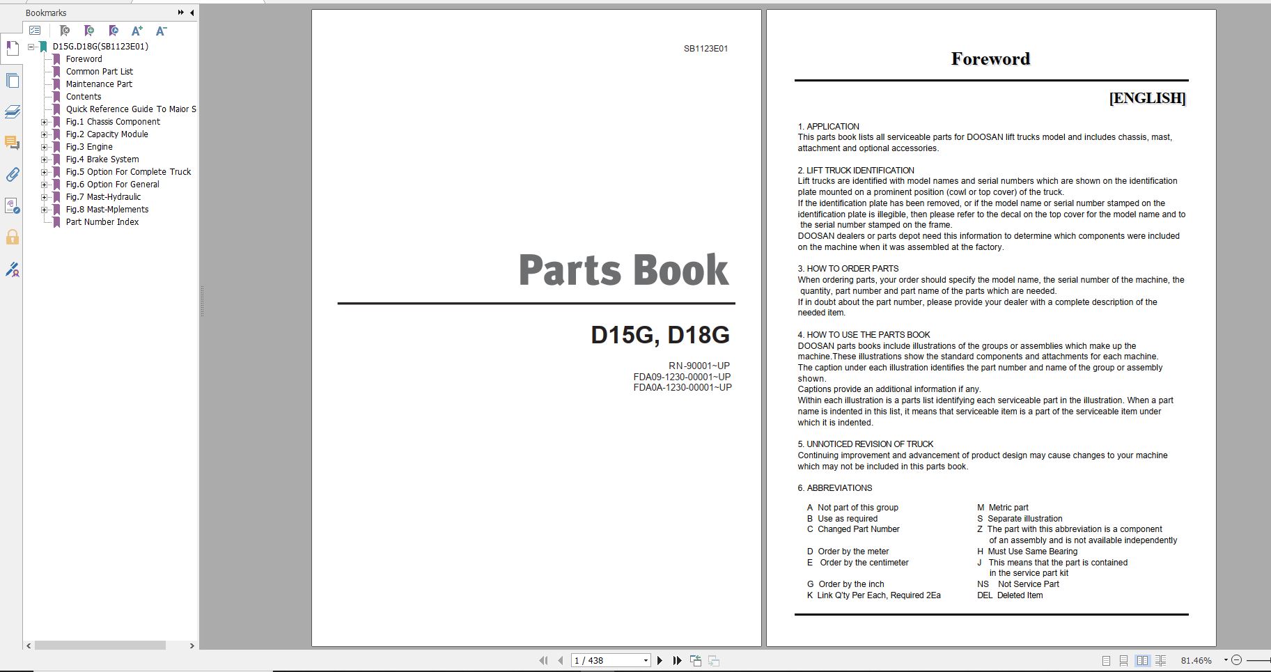 Doosan Dielsel Forklift D15G D18G Part Book SB1123E 1 1