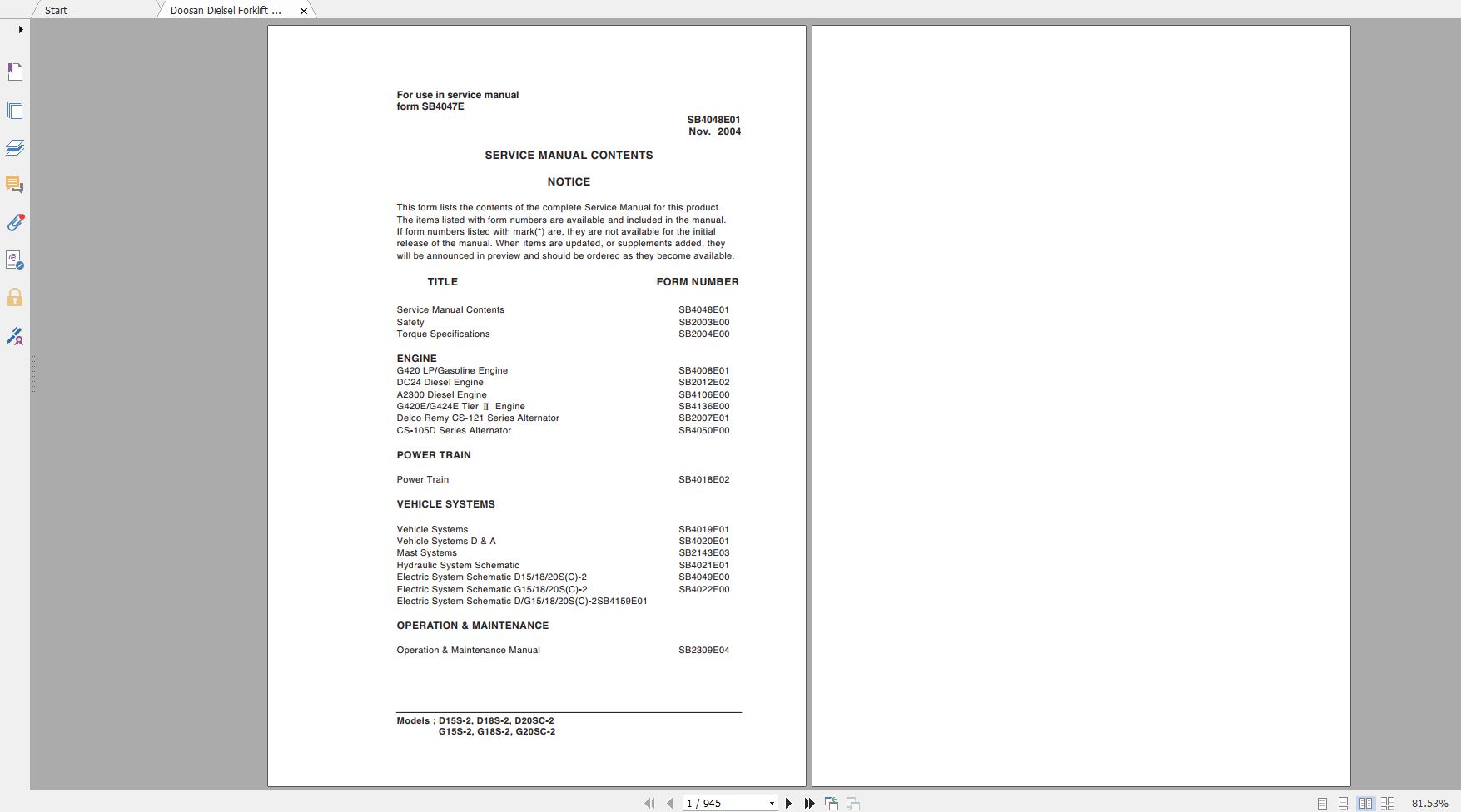 Doosan Dielsel Forklift D15S 2 D18S 2 D20SC 2 G15S 2 G18S 2 G20SC 2 Electr 1