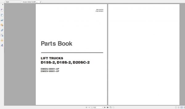 Doosan Dielsel Forklift D15S 2 D18S 2 D20SC 2 Part Book SB1024E06 1
