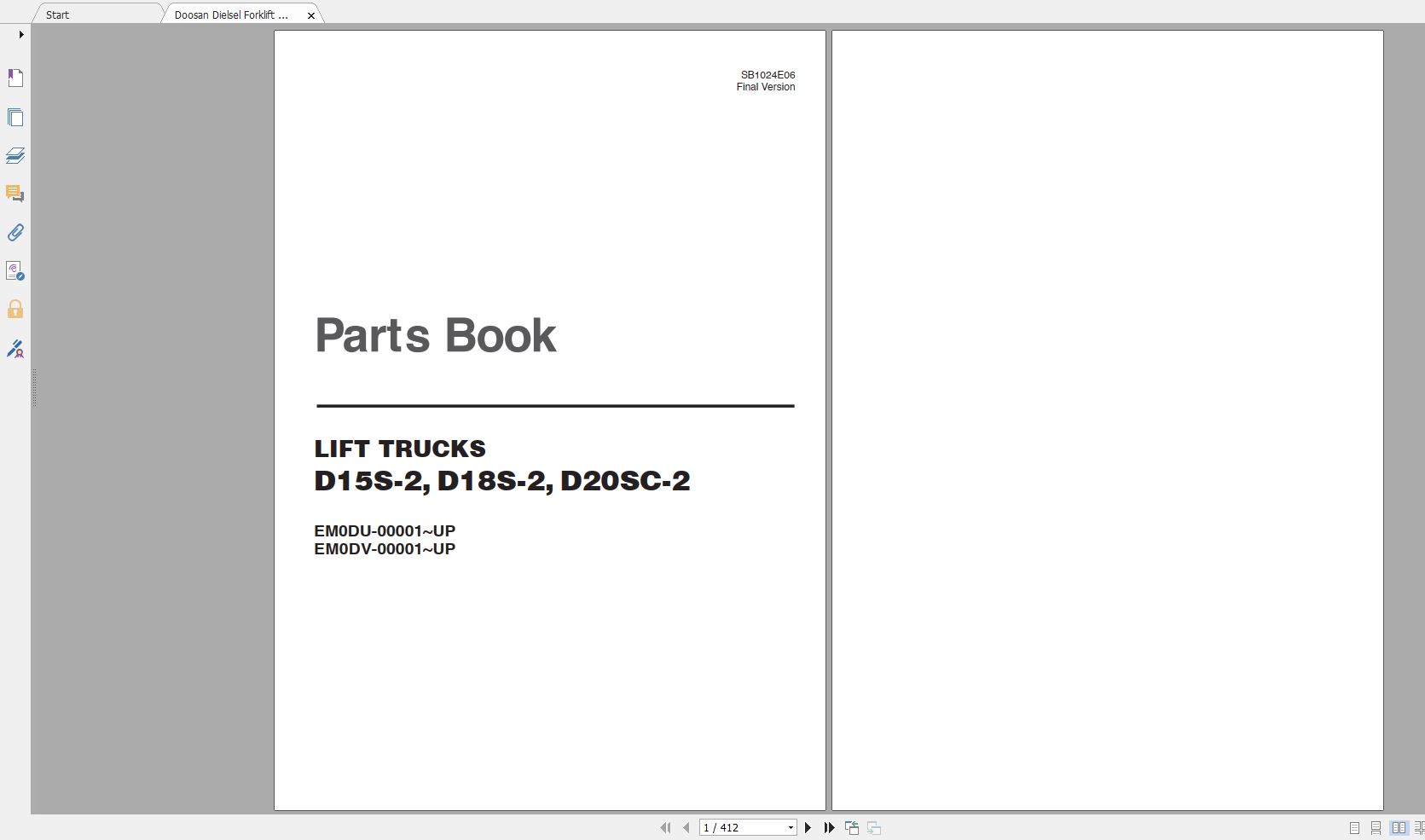 Doosan Dielsel Forklift D15S 2 D18S 2 D20SC 2 Part Book SB1024E06 1