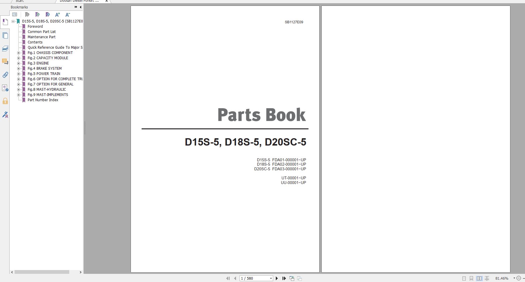 Doosan Dielsel Forklift D15S 5 D18S 5 D20SC 5 Part Book SB1127E09 1