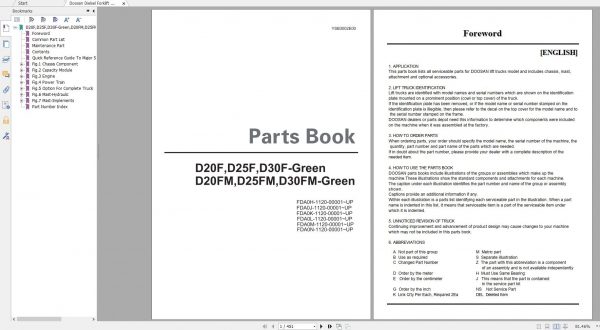 Doosan Dielsel Forklift D20F D25F D30F D20FM D25FM D30FM Part Book YSB3002E 1