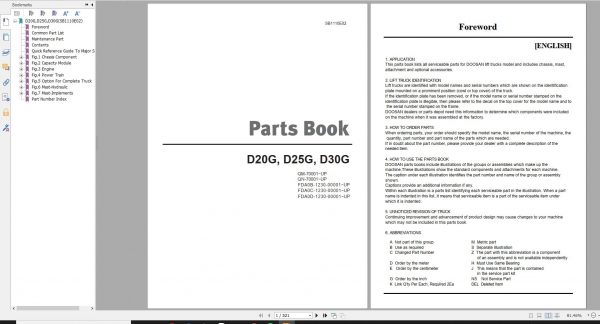 Doosan Dielsel Forklift D20G D25G D30G Part Book SB1110E 1
