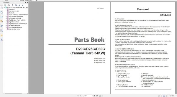 Doosan Dielsel Forklift D20G D25G D30G Yanmar Tier 3 34KW Part Book SB1185E 1