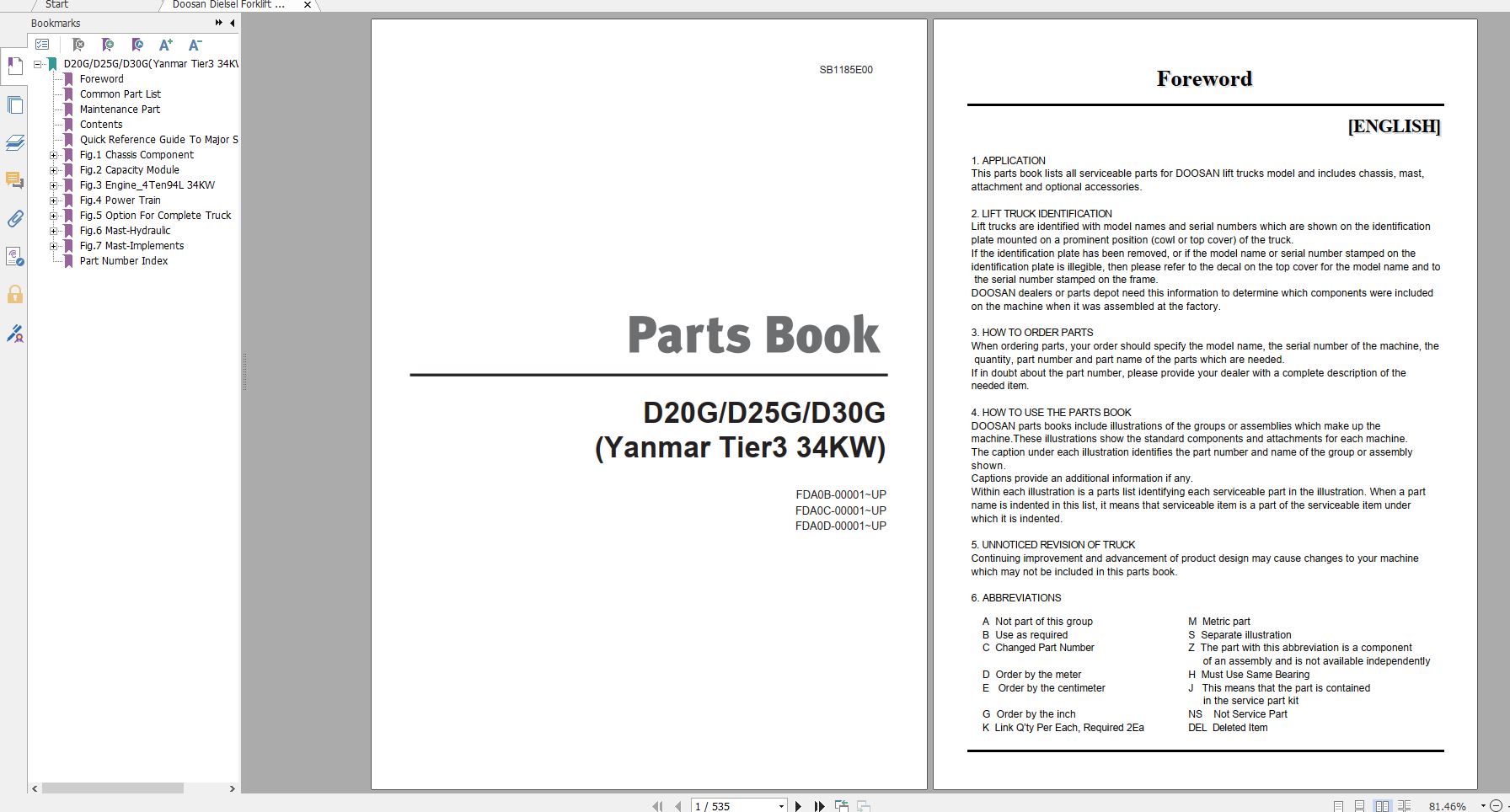 Doosan Dielsel Forklift D20G D25G D30G Yanmar Tier 3 34KW Part Book SB1185E00 1