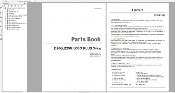 Doosan Dielsel Forklift D20G D25G D30G Yanmar Tier 3 34KW Part Book SB1254E00 1
