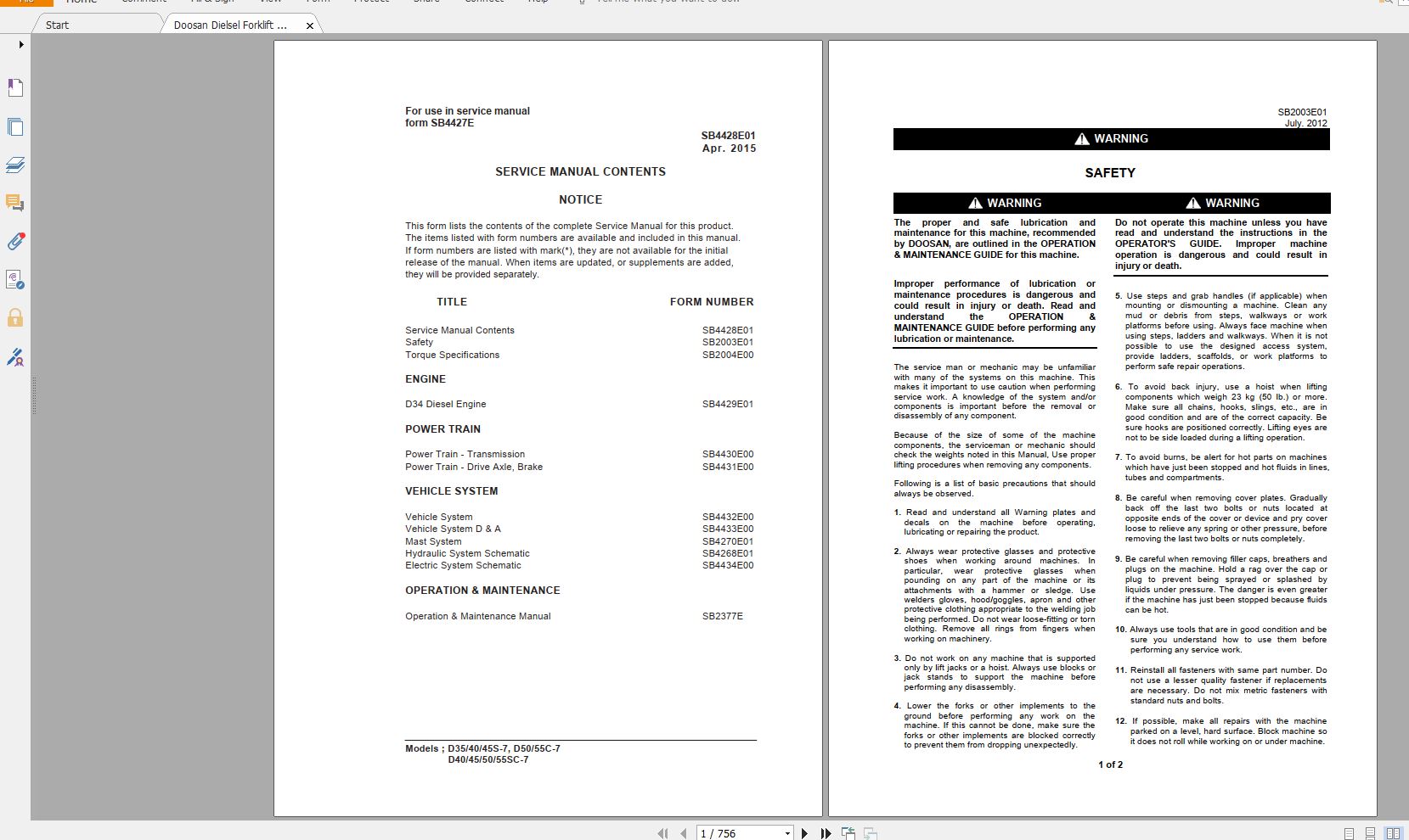 Doosan Dielsel Forklift D35 40 45S 7 D50 55C 7 D40 45 50 55SC 7 Electric Schemat 1