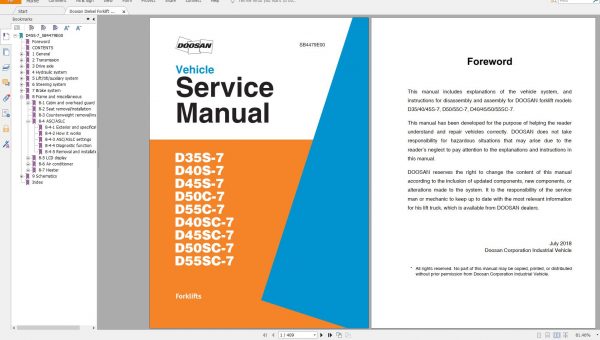 Doosan Dielsel Forklift D35 40 45S 7 D50 55C 7 D40 45 50 55SC 7 NEW OPC Vehicle Service Manual SB4479E00 1