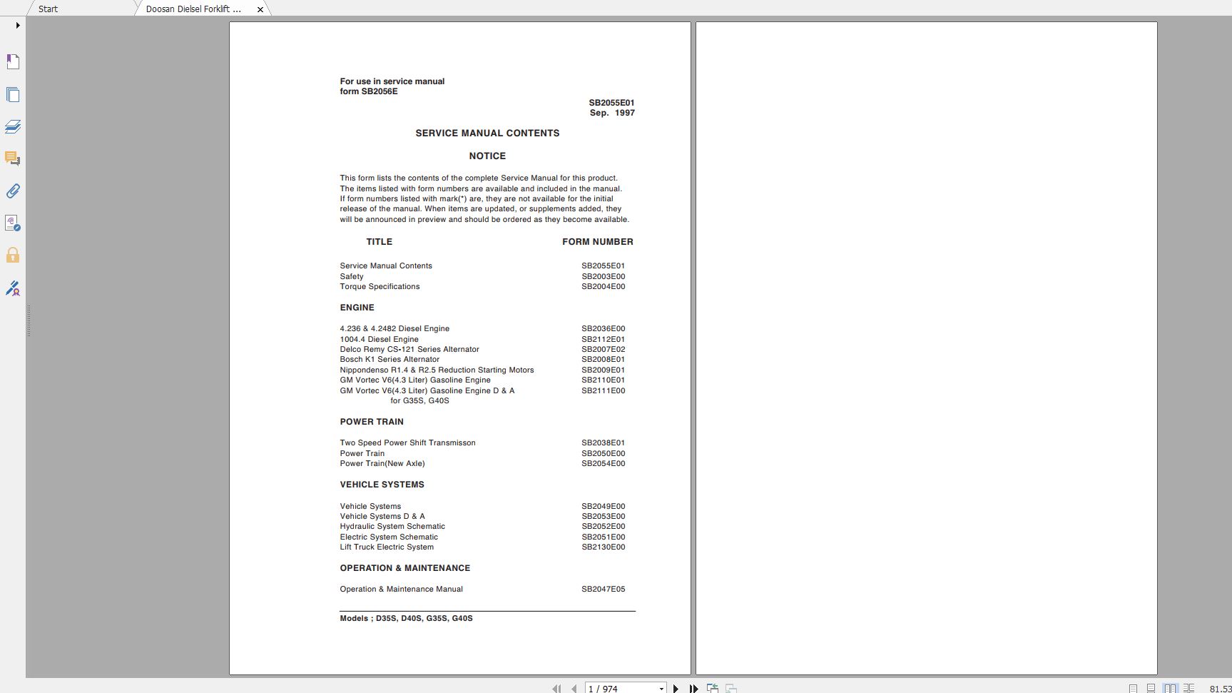 Doosan Dielsel Forklift D35S D40S G35S GC40S Electric Schematic Service Operaton Maintenance 1