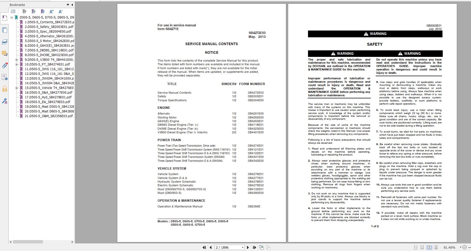 Doosan Dielsel Forklift D50S 5 D60S 5 D70S 5 D80S 5 D90S 5 G50S 1 2