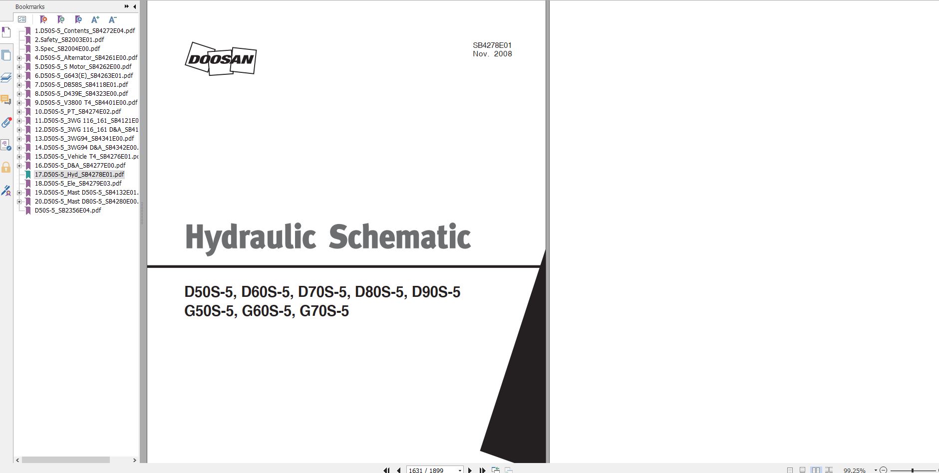 Doosan Dielsel Forklift D50S 5 D70S 5 Electric Schematic Service Operaton Maintenance Manual SB4271