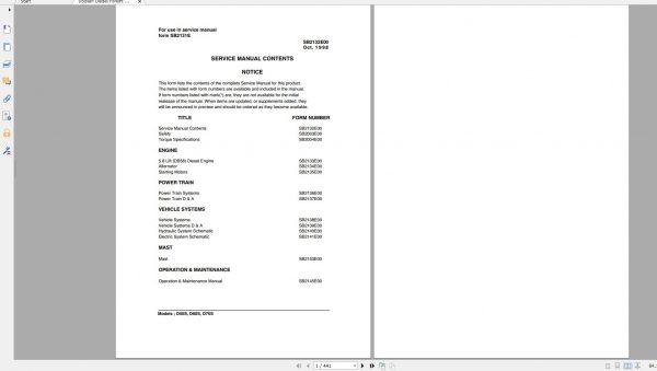 Doosan Dielsel Forklift D50S D60S D70S Electric Schematic Service Operaton Maintenance Manual SB213 1