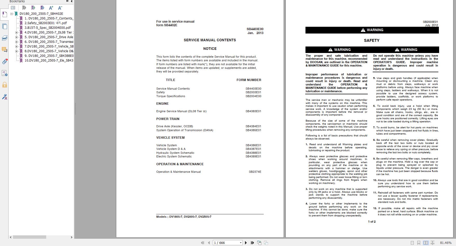 Doosan Dielsel Forklift DV180 200 250S 7 Electric Schematic Service Operaton Maintenance Manual SB4 1