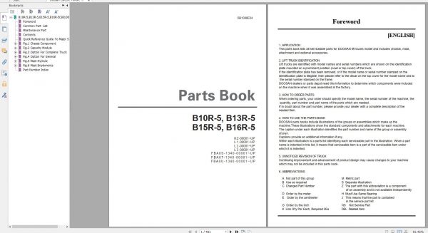 Doosan Electric Forklift B10R 5 B13R 5 B15R 5 B16R 5 Part Book SB1088E 1