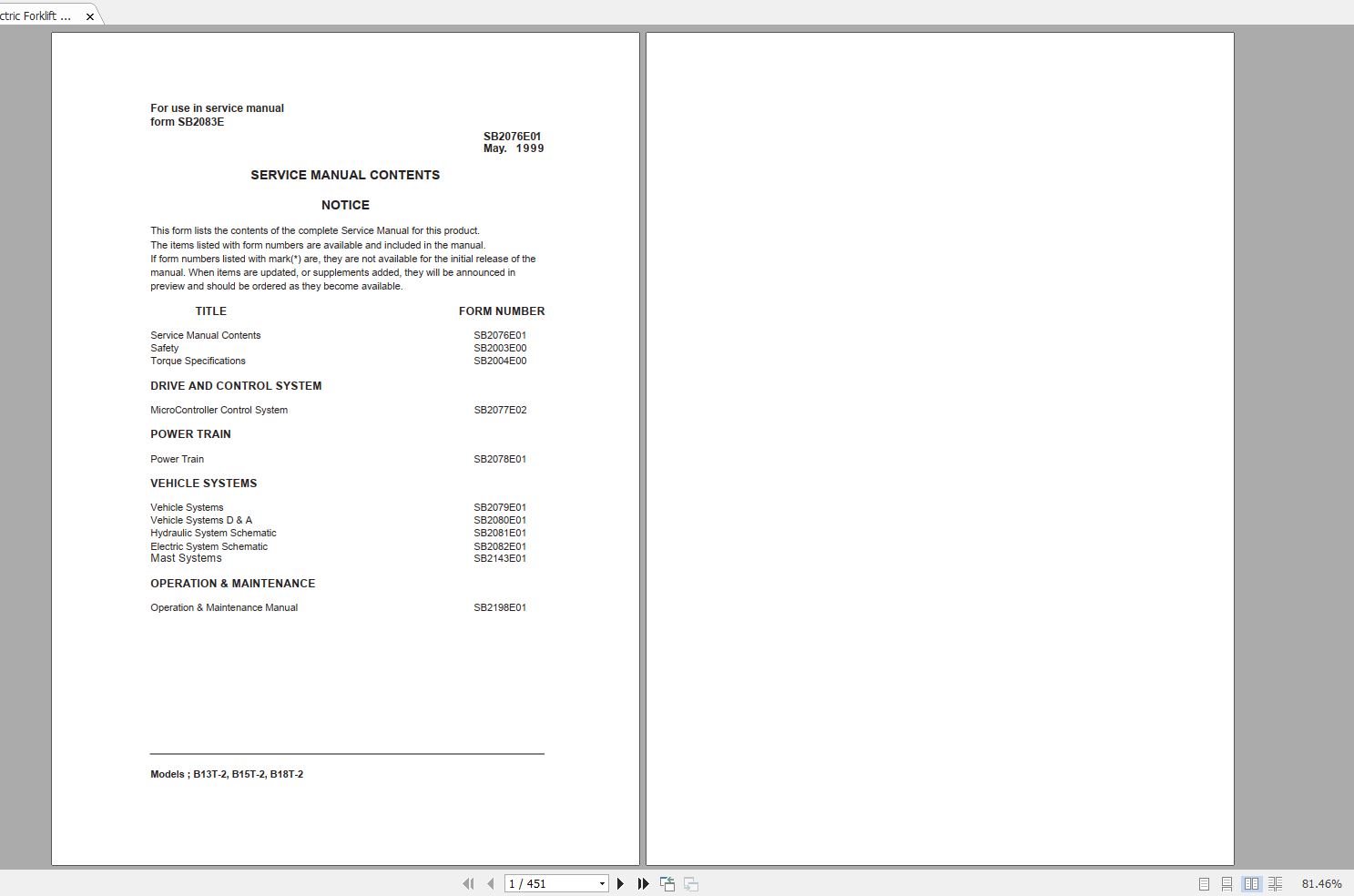 Doosan Electric Forklift B15 2 B18S 2 Electric Schematic Service Operaton Maintenance Manual S 1