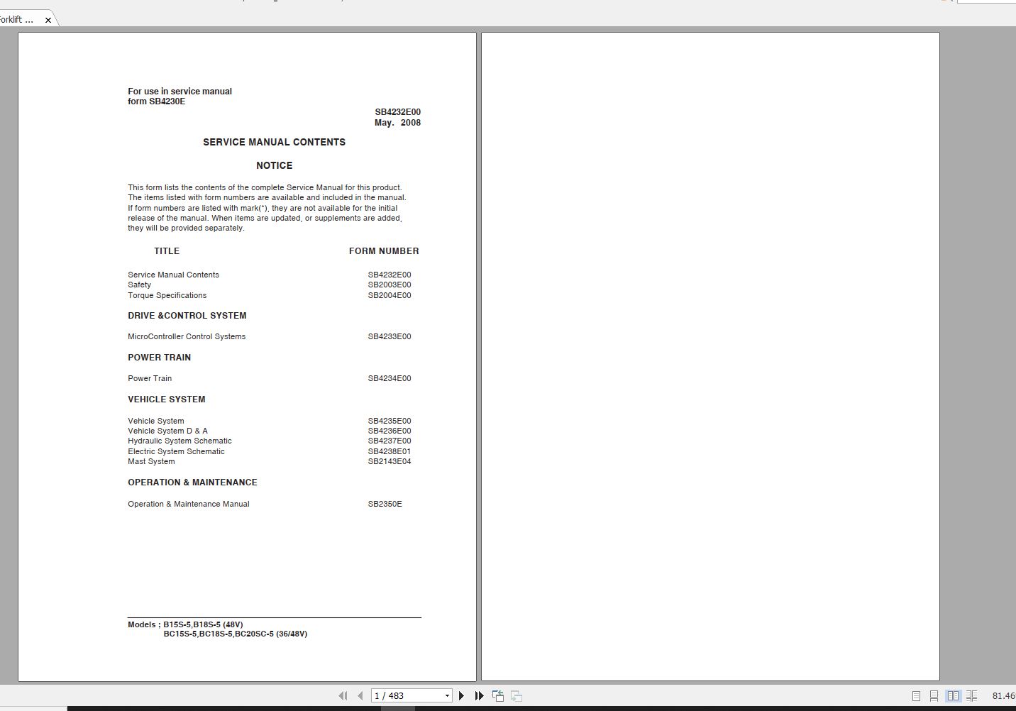 Doosan Electric Forklift B15S 5 B18S 5 Electric Schematic Service Operaton Maintenance Manual SB4230E 1
