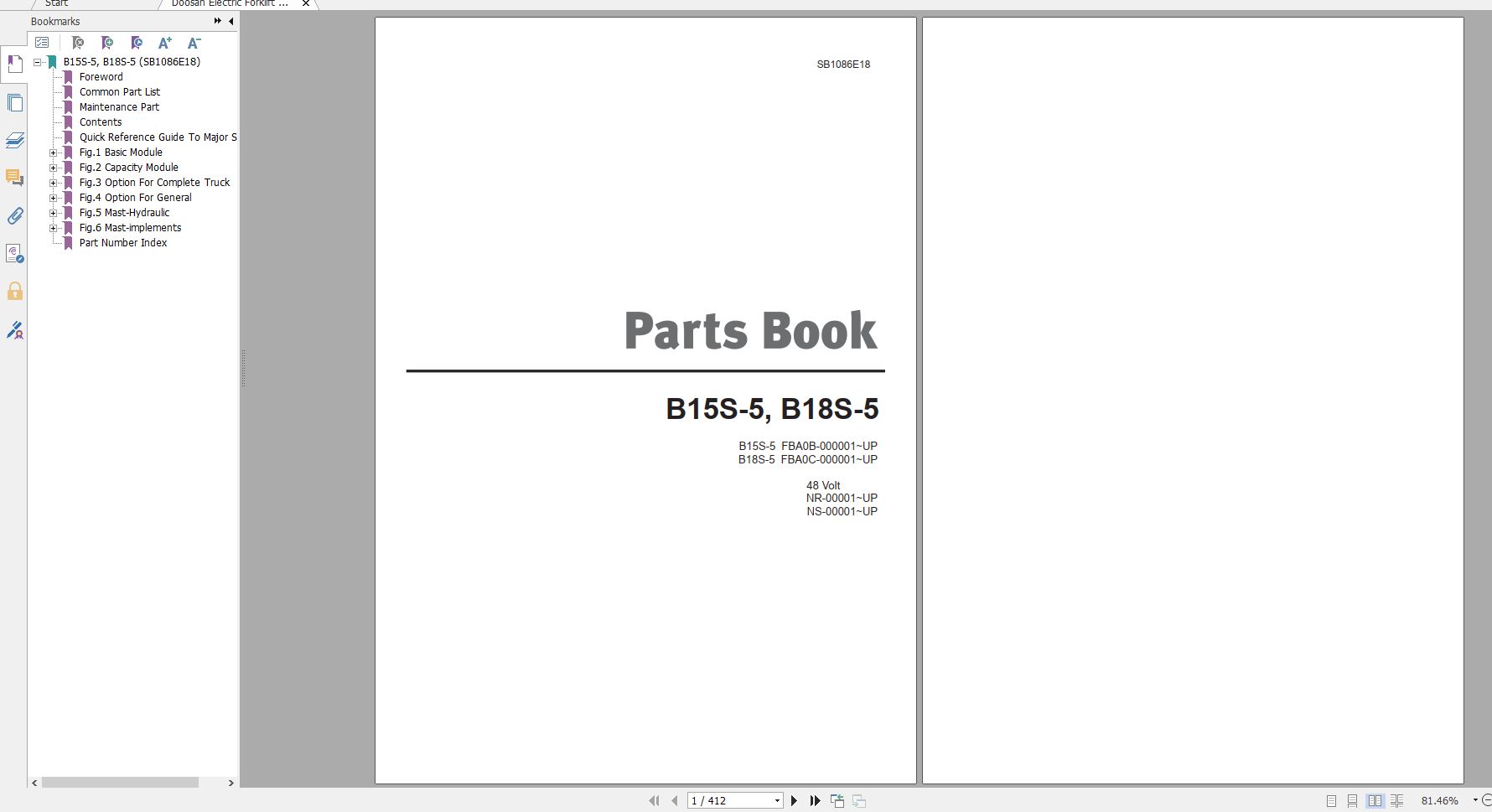 Doosan Electric Forklift B15S 5 B18S 5 Part Book SB1086E18 1