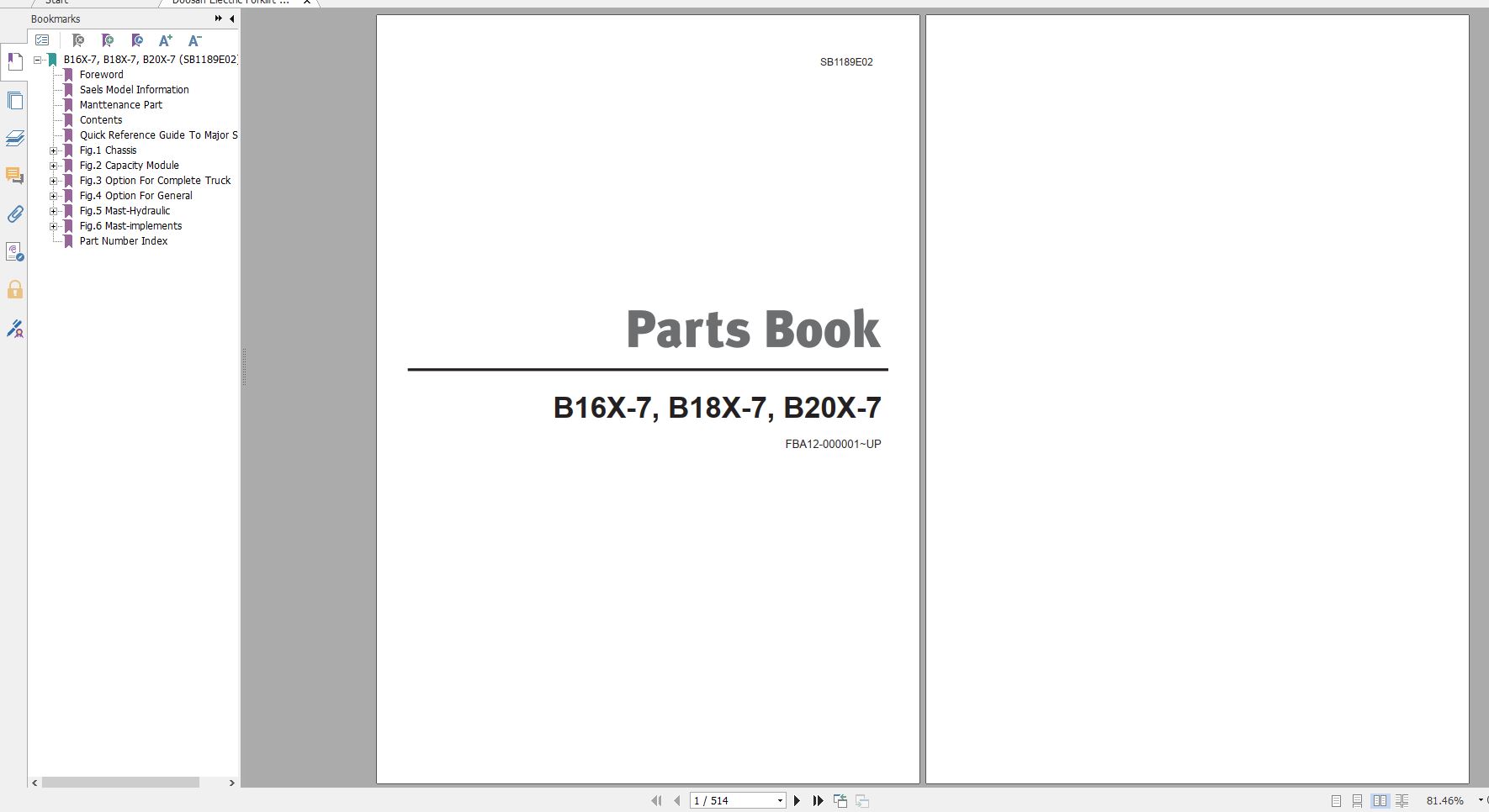 Doosan Electric Forklift B16X 7 B18X 7 B20X 7 Part Book SB1189E02 1