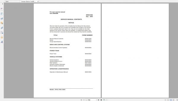 Doosan Electric Forklift B16X B18X B20X Electric Schematic Service Operaton Maintenance Manual SB4039E00 1