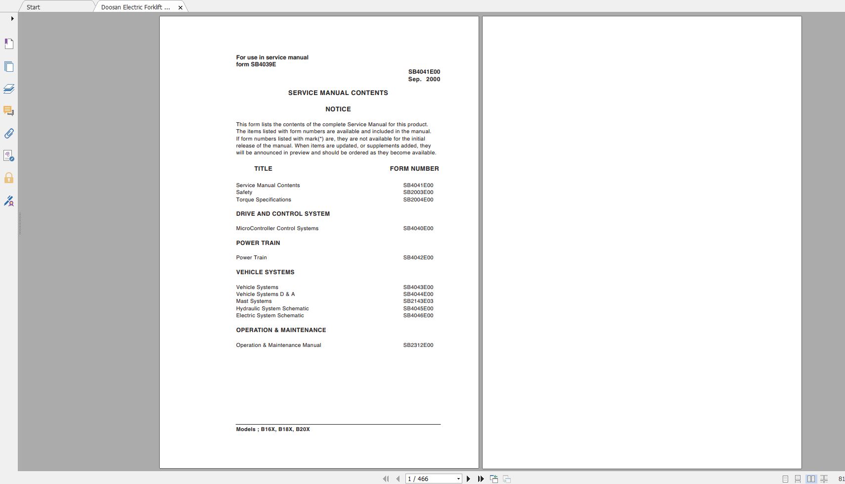 Doosan Electric Forklift B16X B18X B20X Electric Schematic Service Operaton Maintenance Manual SB4039E00 1