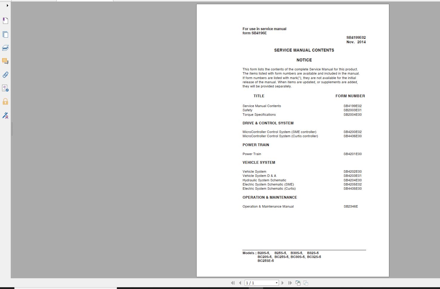 Doosan Electric Forklift B20S 5 B23S 5 Electric Schematic Service Operaton Maintenance Manual 1