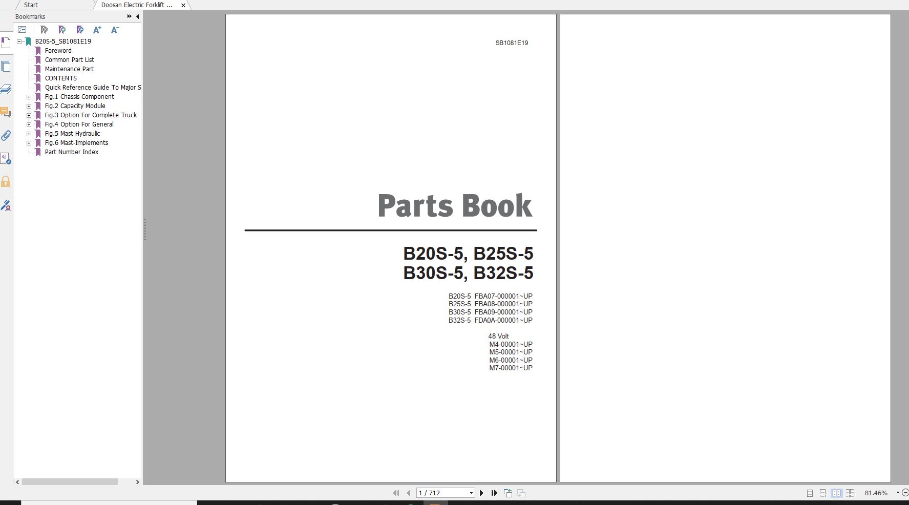 Doosan Electric Forklift B20S 5 B25S 5 B30S 5 B32S 5 Part Book SB1081E19 1