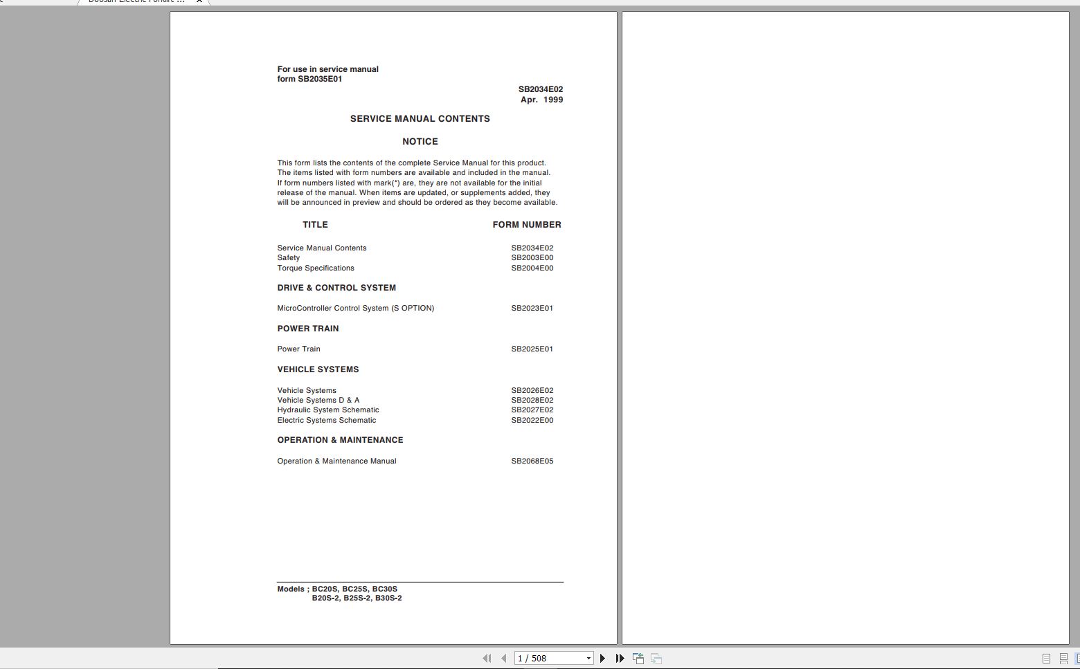 Doosan Electric Forklift B20S B25S B30S Electric Schematic Service Operaton Maintenance Manual SB2035E01 1