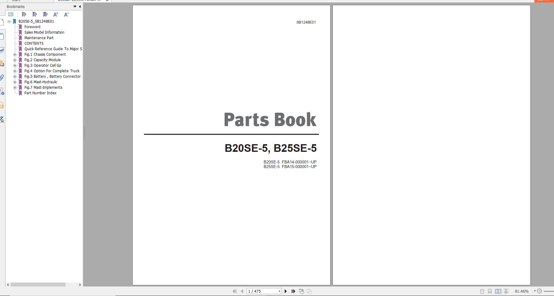 Doosan Electric Forklift B20SE 5 B25SE 5 Part Book SB1248E01 1