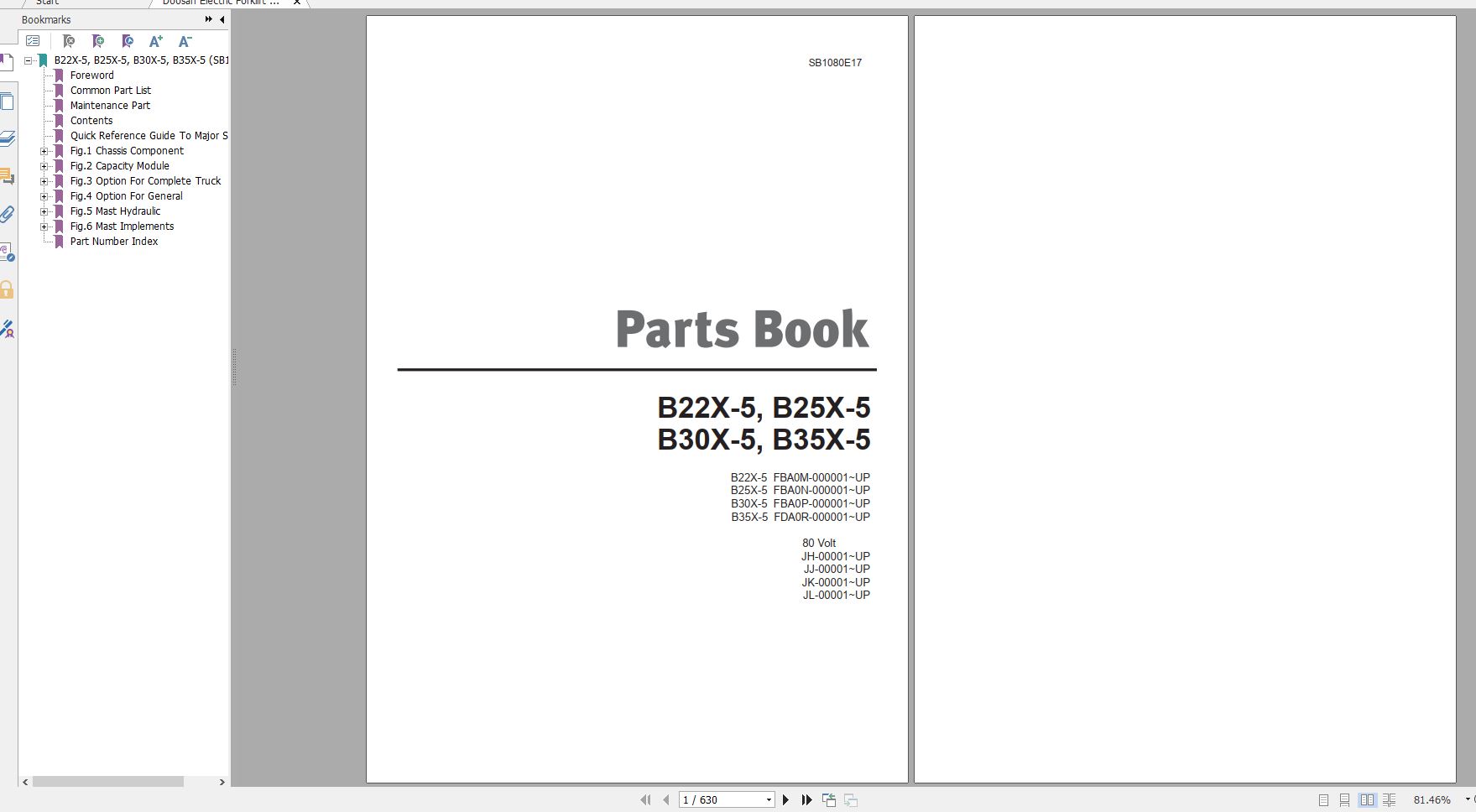 Doosan Electric Forklift B22X 5 B25X 5 B30X 5 B35X 5 Part Book SB1080E17 1