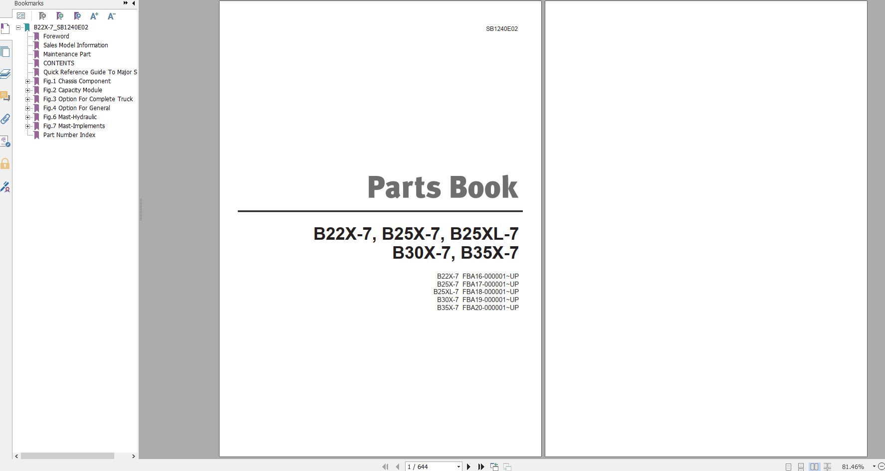 Doosan Electric Forklift B22X 7 B25X 7 B25XL 7 B30X 7 B35X 7 Part Book SB1240E02 1